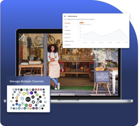 A woman leaning on a door with frames for managing channels stands in front of her