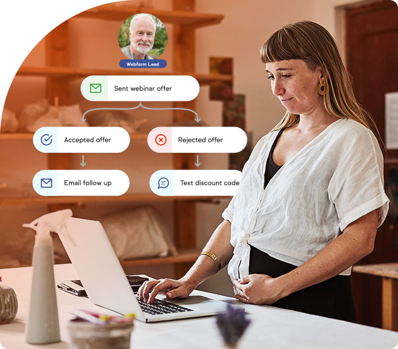 A woman leaning on a door with frames for managing channels stands in front of her