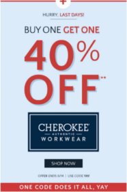 Why it works: Everyone in the medical industry needs scrubs, so a 40 percent discount on a set is an enticing offer. In this way, Scrubs & Beyond increases sales while unloading some inventory, likely at prices close to their wholesale pricing. Additionally, this ad uses a recognized brand as an enticement and creates urgency by making it a flash sale. I would, however, make the CTA stand out more.