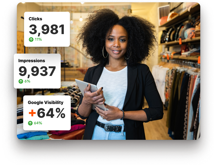 A woman holding a tablet in a retail shop with boost stats next to her.