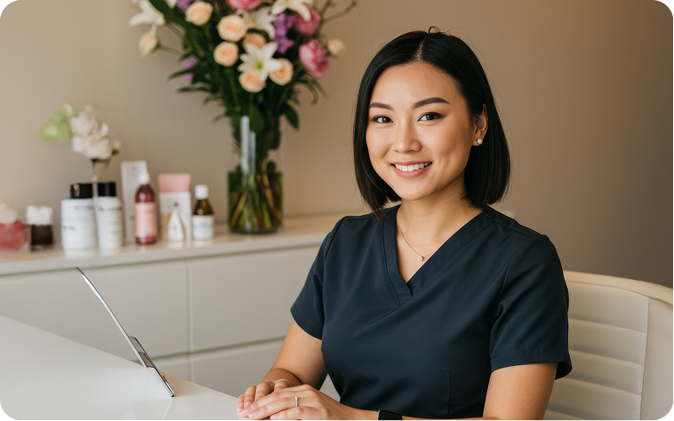 Medspa technician smiling at the front desk
