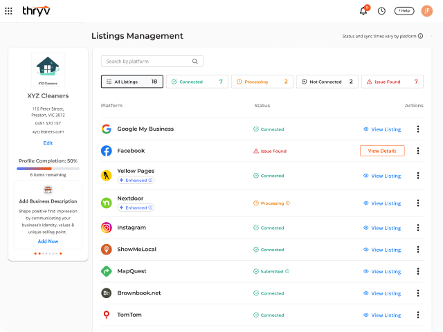 Listings management dashboard