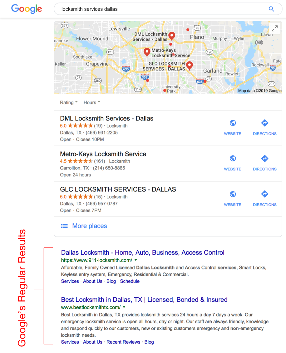 Local Pack Comparison to Regular Results for locksmith seo