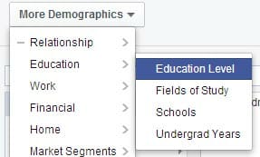 The Education options now include fields of study, schools, and undergraduate years.