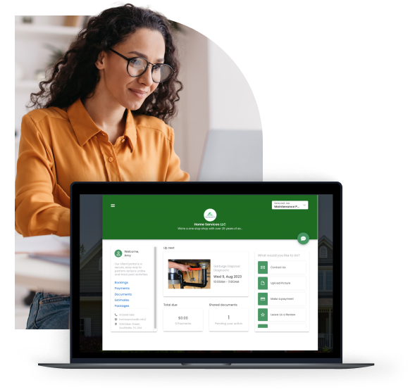 Laptop displaying home services dashboard with upcoming appointment details and document options.