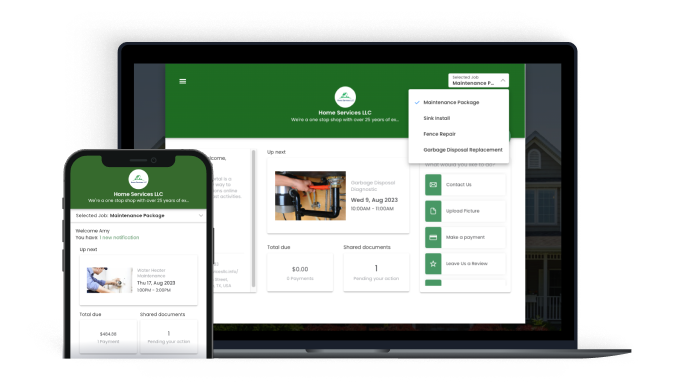 Laptop and smartphone displaying home services dashboard with appointment details, payment options, and document sharing.