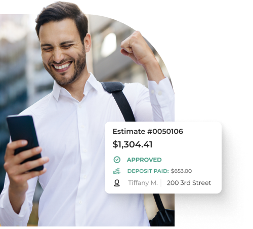 Image of a man holding his phone cheering with stats displaying for Estimate