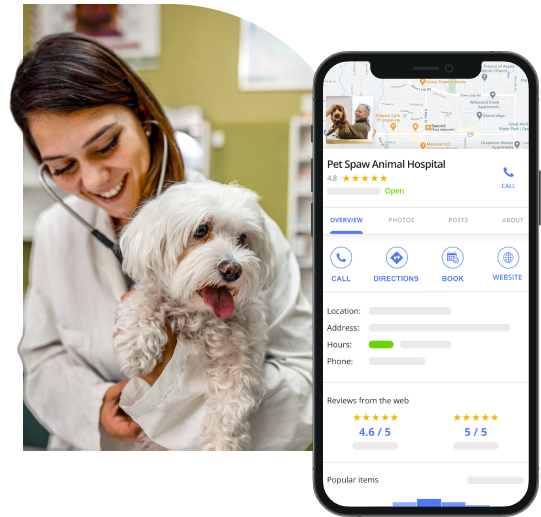 A vet checking a dog with their business profile showing on maps on a mobile phone