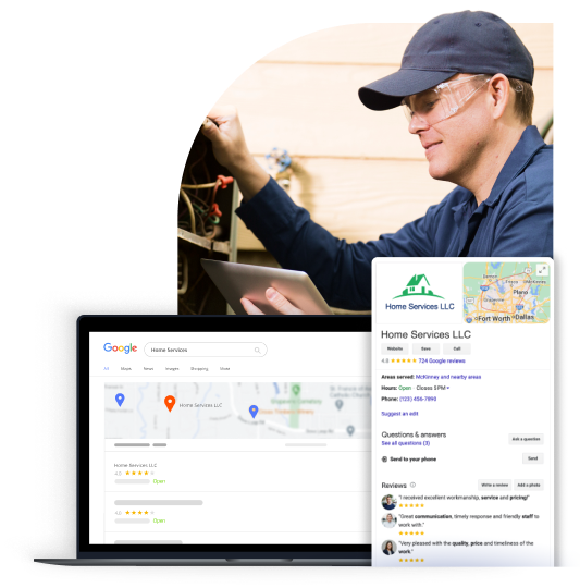 A man with safety goggles working and a laptop and mobile phone displaying a business profile for Home Services LLC