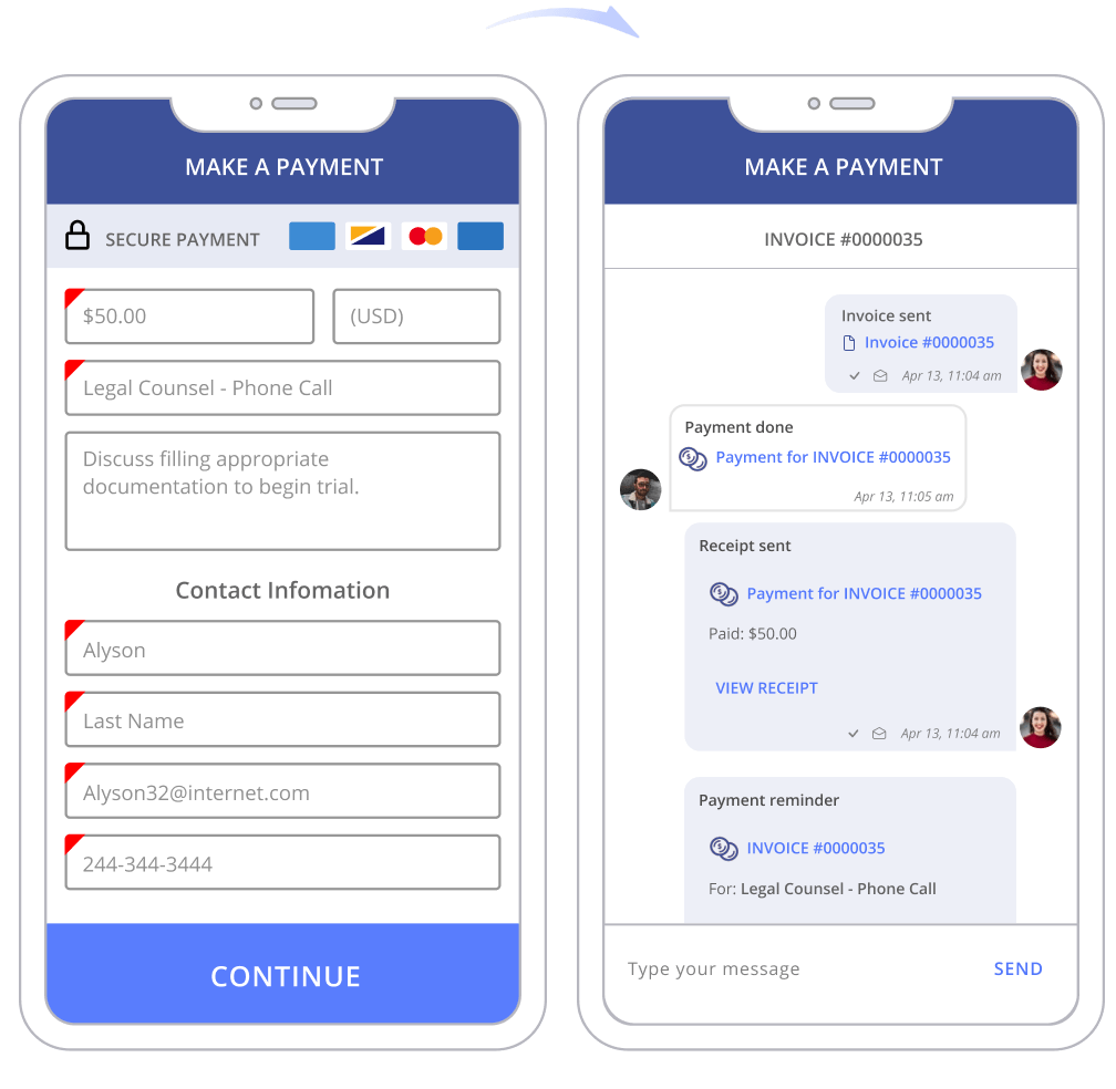 Invoicing, payments, and receipt for legal services in Thryv