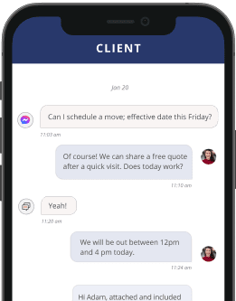 A mobile phone showing text/messenger communication to a client