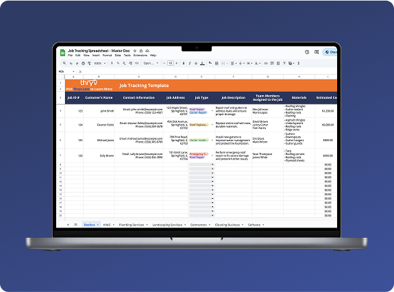 Laptop displaying free job tracking template spreadsheet for small businesses