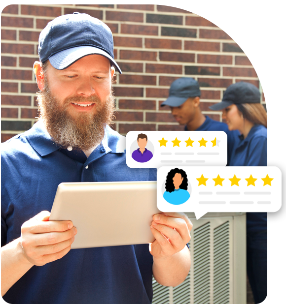 HVAC technician looking at a tablet that displays customer reviews