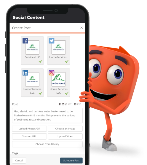 Thryv Guy standing behind a phone displaying Social Content